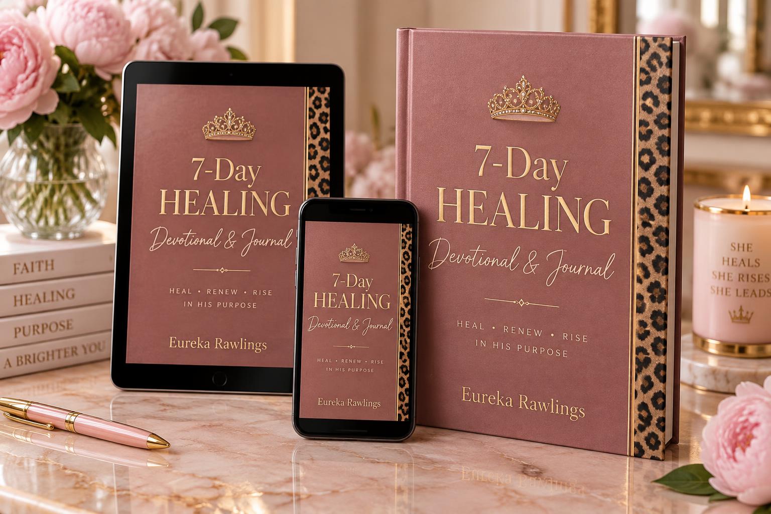 7-Day HEALING Devotional & Journal shown as a book, iPad and phone